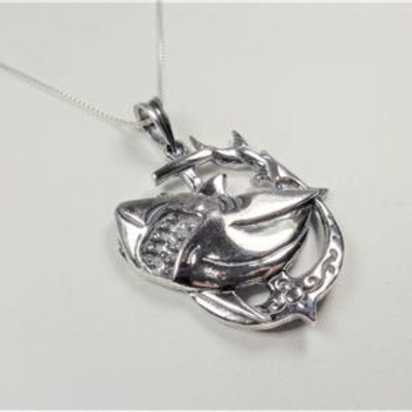 STERLING SILVER MAKO SHARK ANCHOR FISH NECKLACE
